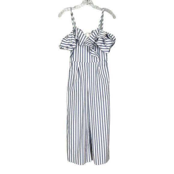 Main Strip Blue White Stripe Ruffle Off Shoulder Romper Jumpsuit size Small - Picture 3 of 12